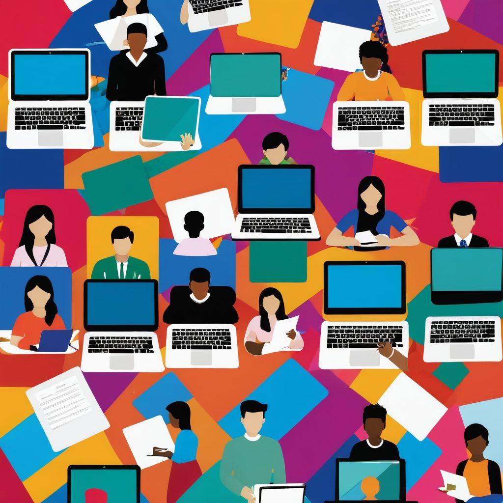 A digital collage showcasing a diverse group of students using various e-learning resources, like laptops, tablets, and online platforms, surrounded by colorful icons representing different subjects and skills. The background features an abstract tech-inspired design symbolizing connectivity and innovation. Bright and engaging colors should evoke a sense of motivation and exploration. vector art. vibrant colors.