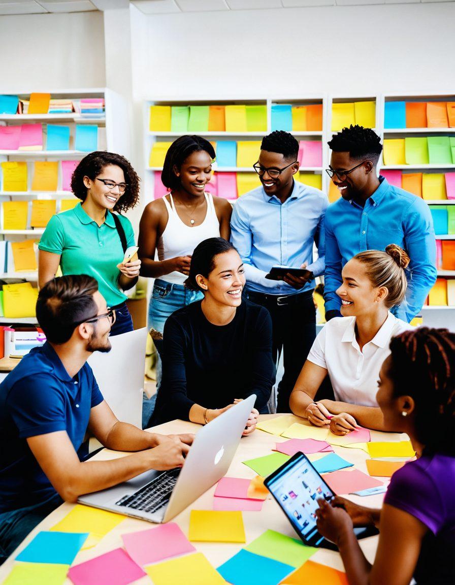 A diverse group of enthusiastic learners engaged in a lively discussion, surrounded by colorful sticky notes and digital devices, symbolizing knowledge exchange and collaboration. In the background, a vibrant learning environment filled with bookshelves and plants, radiating positivity and creativity. The scene reflects a sense of community and teamwork among the participants. super-realistic. vibrant colors. white background.
