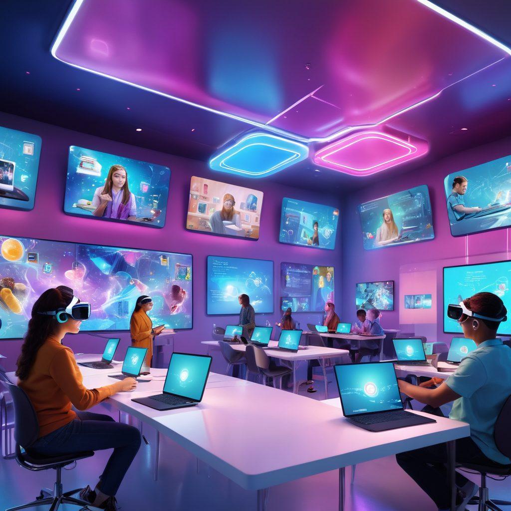 A futuristic classroom filled with diverse students engaging with advanced digital screens and virtual reality headsets, surrounded by floating holographic educational tools and e-learning resources. A bright, inviting atmosphere that symbolizes the accessibility of online education, with an array of colors representing various subjects. ultra-modern style. vibrant colors. 3D.
